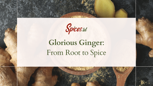 An image of whole, powdered and crush ginger with the text Spices.tel - Glorious ginger from root to spice. 